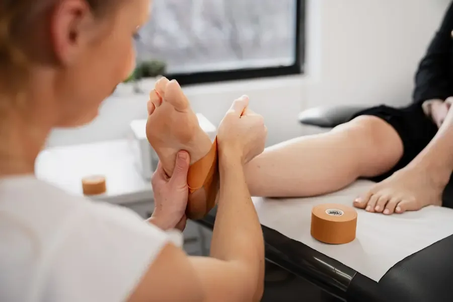 Clinician applying rigid strapping tape to a patient's foot